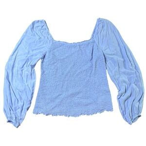 MEROKEETY Smocked Top Square Neck Balloon Sleeve Blouse Periwinkle‎ XL